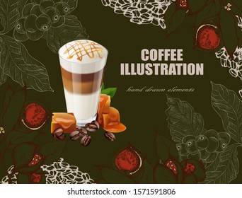 Herbal illustration on label packaging design. Hand drawn  botanic set with branch, coffee beans. Realistic coffee vector