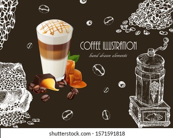 Herbal illustration on label packaging design. Hand drawn  botanic set with  coffee beans. Realistic coffee vector