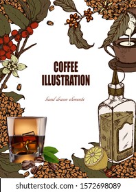 Herbal illustration on label packaging design. Hand drawn  botanic set with branch, coffee beans. Realistic whiskey vector