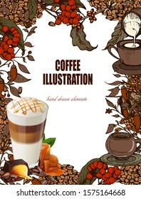 Herbal illustration on label packaging design. Hand drawn  botanic set with branch, coffee beans. Realistic coffee vector