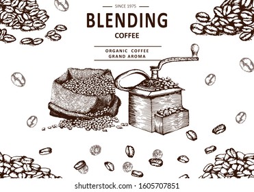 Herbal illustration on label packaging design. Hand drawn vector botanic set with bag, beans, coffee beans. 