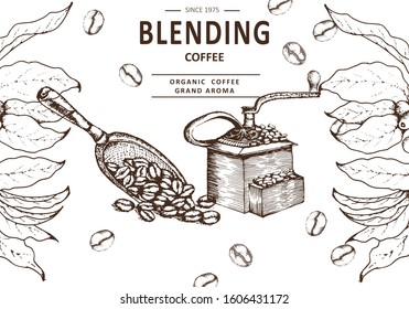 Herbal illustration on label packaging design. Hand drawn vector botanic set with coffee beans. spoon, branch