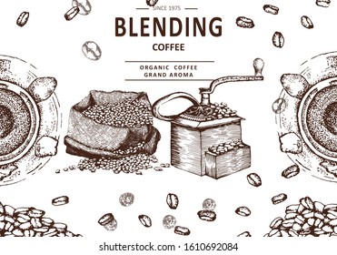 Herbal illustration on label packaging design. Hand drawn vector botanic set with beans. bag, coffee maker