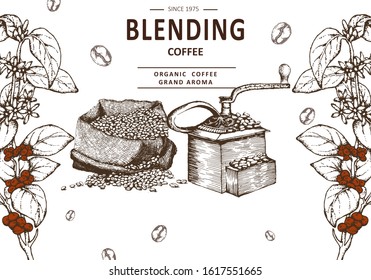 Herbal illustration on label packaging design. Hand drawn vector botanic set with bag, coffee beans, coffee maker, branch. 