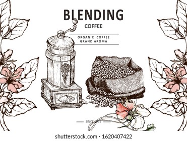 Herbal illustration on label packaging design. Hand drawn vector botanic set with bag, coffee beans, coffee maker, branch. 