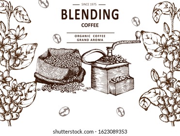 Herbal illustration on label packaging design. Hand drawn vector botanic set with bag, coffee beans, coffee maker, branch. 