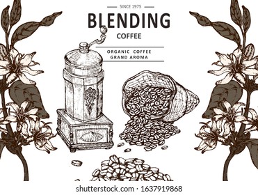 Herbal illustration on label packaging design. Hand drawn vector botanic set with branch, flowers, coffee maker and beans, bag.