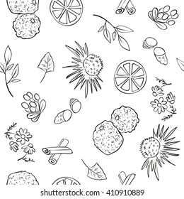 Herbal ingredients for a cup of tea. Vectorpattern or background of tea elements. Hand drawn cartoon style.