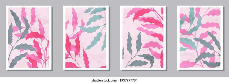 Colección de afiches de interior de hierbas. Diablos de primavera con hojas. Las ramas de verano bohemio diseño botánico. Plantillas de plantas saladas. Ramifica la ilustración vectorial. diseño vectorial...