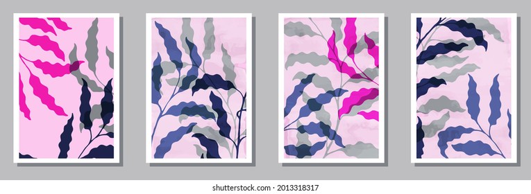 Herbal interior posters set. Spring branches with foliage. Sage foliage elegant botanical backgrounds. Sage plant templates. Leaves vector illustration. vector design..