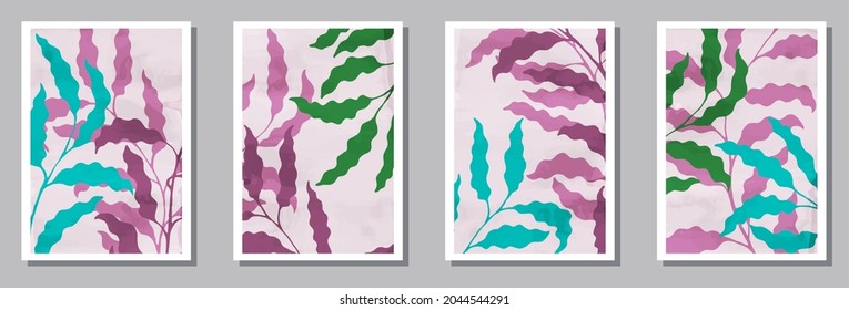 Herbal interior prints collection. Spring twigs with leaves. Eucalyptus leaves minimalist botanical backgrounds. Sage nature covers. Leaves vector illustration. vector design..