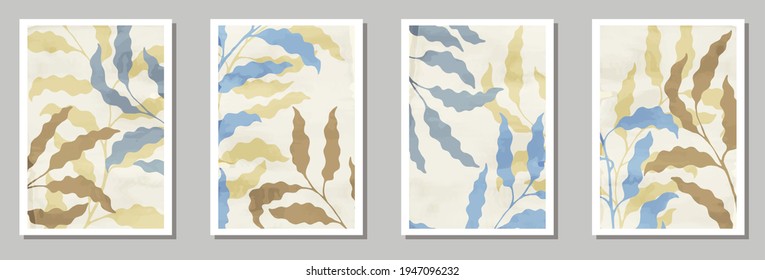 Herbal interior prints set. Spring branches with leaves. Eucalyptus leaves organic botanical design.. Willow plant frames. Twigs vector illustration. vector design..