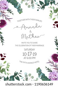 Herbal invitation simple vector vertical  frame. Purple carnation flowers, dark plum colored orchid, agonis. Wedding design. Eucalyptus selection natural card. All elements are isolated and editable