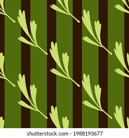Herbal leaf branches silhouettes seamless pattern. Green striped background. Forest floral backdrop. Designed for fabric design, textile print, wrapping, cover. Vector illustration.