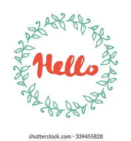 Herbal leaf green round frame. Vector illustration of hand drawn natural wreath for invitation cards, save the date, wedding card design.