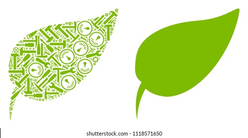 Herbal leaf mosaic of service instruments. Vector herbal leaf icon is organized of cogs, wrenches and other mechanics objects. Concept of technician job.