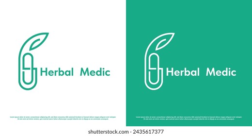 Ilustración de diseño de logotipo de salud herbal. Silueta de la planta de la píldora de la medicina médica eco naturaleza herbal hospital farmacia clínica. Simple minimalista minimalista geométrica moderna abstracta cápsula línea icono.