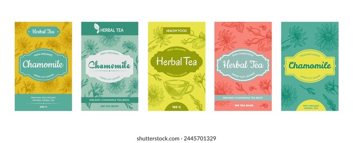 Herbal leaf tea, template label design set. Organic green drink with chamomile, hand drawn flower element at package collection. Product tag, emblem sketch, vector illustration