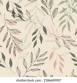 Herbal leaves hand drawn seamless pattern. Botanical background. Vector tile for textile design, wrapping paper, decoration, web, social media