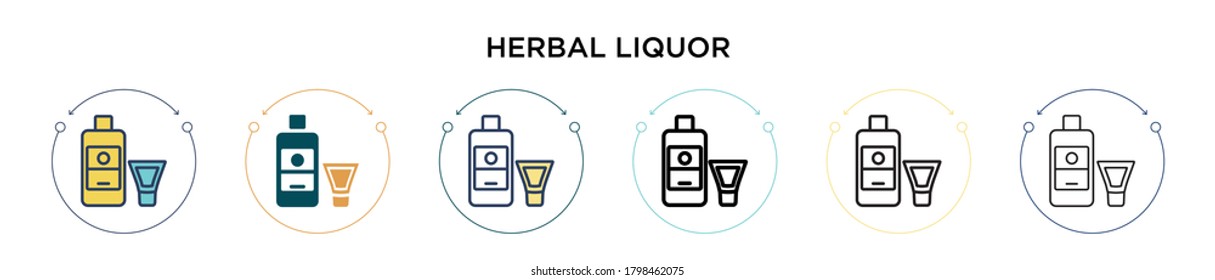 Icono de licor herbal en estilo relleno, delgado, contorno y trazo. Ilustración vectorial de dos íconos vectores de plantas azucaradas de color y negro se puede utilizar para móviles, ui, web