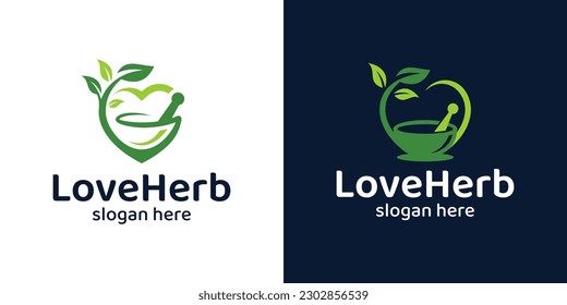 Diseño de logo herbal con Mortar, Pestle, Leaf y diseño gráfico de vector de amor cardíaco. Símbolo, icono, creativo.