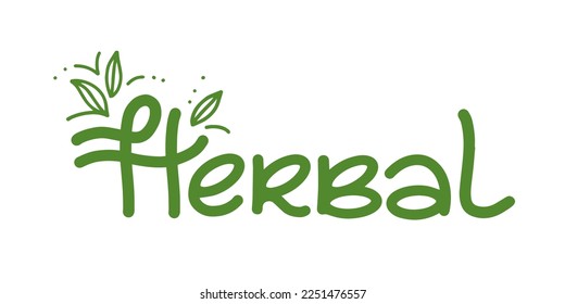Herbal logo design, vector label for brand. Hand-drawn lettering. Template calligraphy decorated simple green leaves.