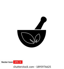 Icono de logo herbal consistente en un mortero, almirez y hoja.