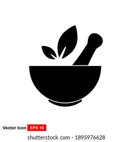 Herbal logo icon consisting of a mortar, pestle and leaf.