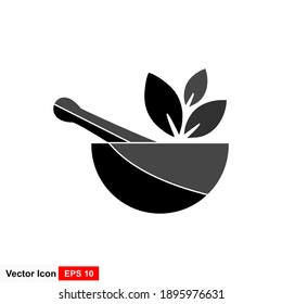 Herbal logo icon consisting of a mortar, pestle and leaf.