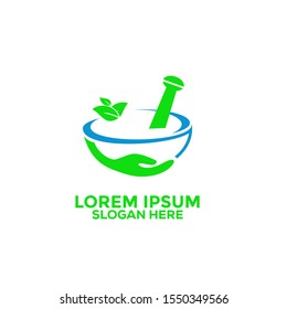 herbal logo vector graphic with an icon that consist of mortar, pestle and leaf, Pharmacy logo vector template