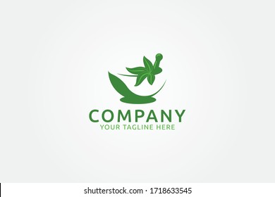 gráfico vectorial de logo herbal con un icono que consiste en mortero, almirez y hoja. Mejor para cualquier negocio.