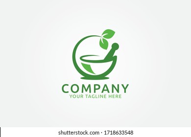 herbal logo vector graphic with an icon that consist of mortar, pestle and leaf. Best for any business.