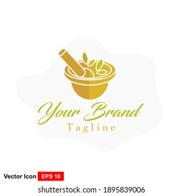 gráfico vectorial de logo herbal con un ícono que consiste en mortero, almirez y hoja. Lo mejor para cualquier negocio.