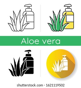 Herbal lotion icon. Plant based cream. Natural gel. Organic bathing product. Cosmetology and dermatology. Aloe vera extract. Linear black and RGB color styles. Isolated vector illustrations
