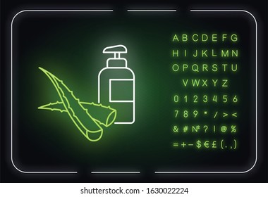 Herbal lotion neon light icon. Plant based gel and natural liquid soap. Organic bathing product. Outer glowing effect. Sign with alphabet, numbers and symbols. Vector isolated RGB color illustration