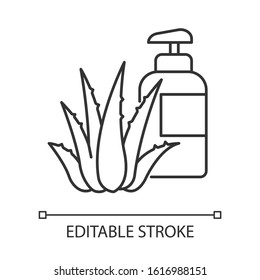Herbal lotion pixel perfect linear icon. Plant based cream. Natural gel. Organic bathing product. Thin line customizable illustration. Contour symbol. Vector isolated outline drawing. Editable stroke