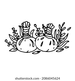 Herbal massage balls in outline style. Vector herbal compress balls for body massage. SPA Massage logo Illustration in hand drawn black and white doodle style isolated on white.