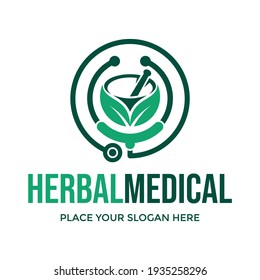 Herbal medical vector logo template. This design use stethoscope symbol. Suitable for health care.