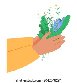 Herbal medicine as alternative homeopathy for healthcare tiny person concept. Nature plant and flowers healing power and usage in health treatment, organic cure and aromatherapy vector illustration.