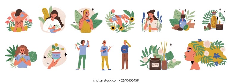 Herbal medicine alternative homeopathy icon set with people and plants herbs and greens vector illustration