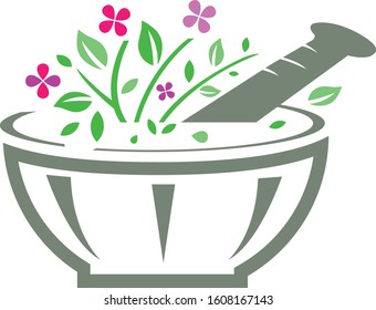 Herbal Medicine Bowl and pestle with natural leaf, flower