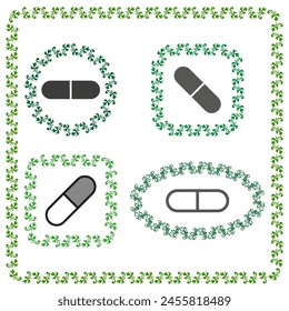 Cápsulas de medicamentos herbales. Suplementos naturales concepto Vector. Diseño de borde verde frondoso.