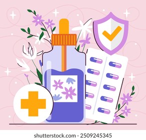 Concepto de medicina herbaria. Píldoras y aerosoles de productos naturales y orgánicos. Jarabe de flores. Salud y medicina, tratamiento. Productos farmacéuticos de plantas. Ilustración vectorial plana