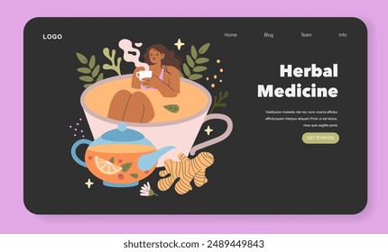 Herbal Medicine concept. A woman enjoys a soothing cup of tea with ingredients symbolizing natural health remedies. Healing teas, holistic wellness. Vector illustration.