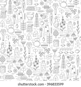 Herbal medicine elements seamless pattern. Black and white vector illustration. Unusual background which created in modern line style.