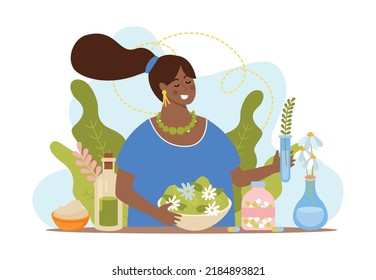 Herbal medicine flat concept with funny black woman surrounded by plants and medicines made from natural ingredients vector illustration