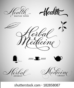 Herbal medicine and health lettering and design elements