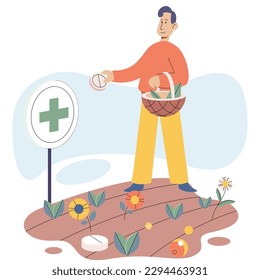 Herbal medicine and homeopathy healthcare and health treatment concept. Man growing plants picking leaves in garden. Using healing power of nature plants and flowers. Organic cure and aromatherapy
