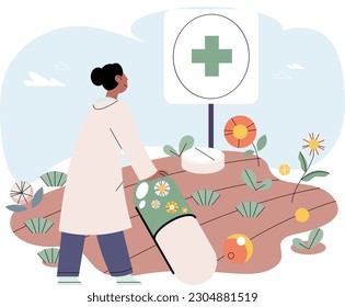 Herbal medicine and homeopathy healthcare and health treatment. Woman growing plants picking Ingredients in garden bed. Using healing power of nature plants and flowers. Organic cure and aromatherapy