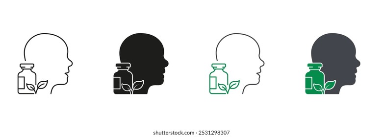 Medicina herbaria, línea de cabeza humana y conjunto de iconos de silueta. Persona sana, píldora farmacéutica ecológica, símbolo natural de la vitamina. Trazo Editable. Ilustración vectorial aislada.